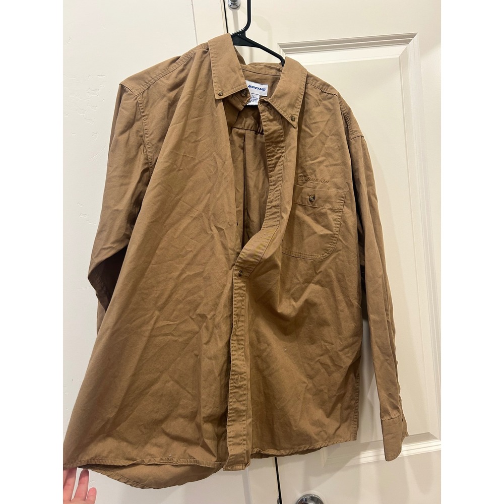 Boeing Mens L Button Up Shirt Long Sleeve Brown Workwear Embroidered